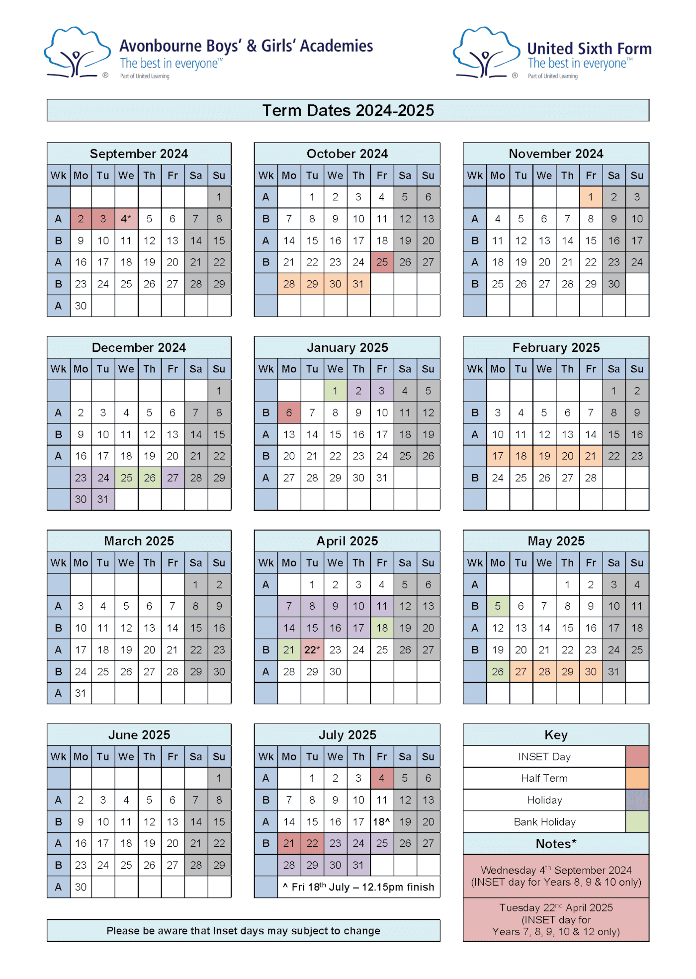 Term Dates | Students and Parents | Avonbourne Boys' Academy