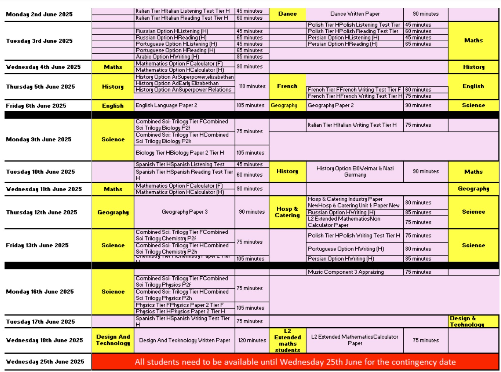 Y11 Summer 2025 GCSE Timetable